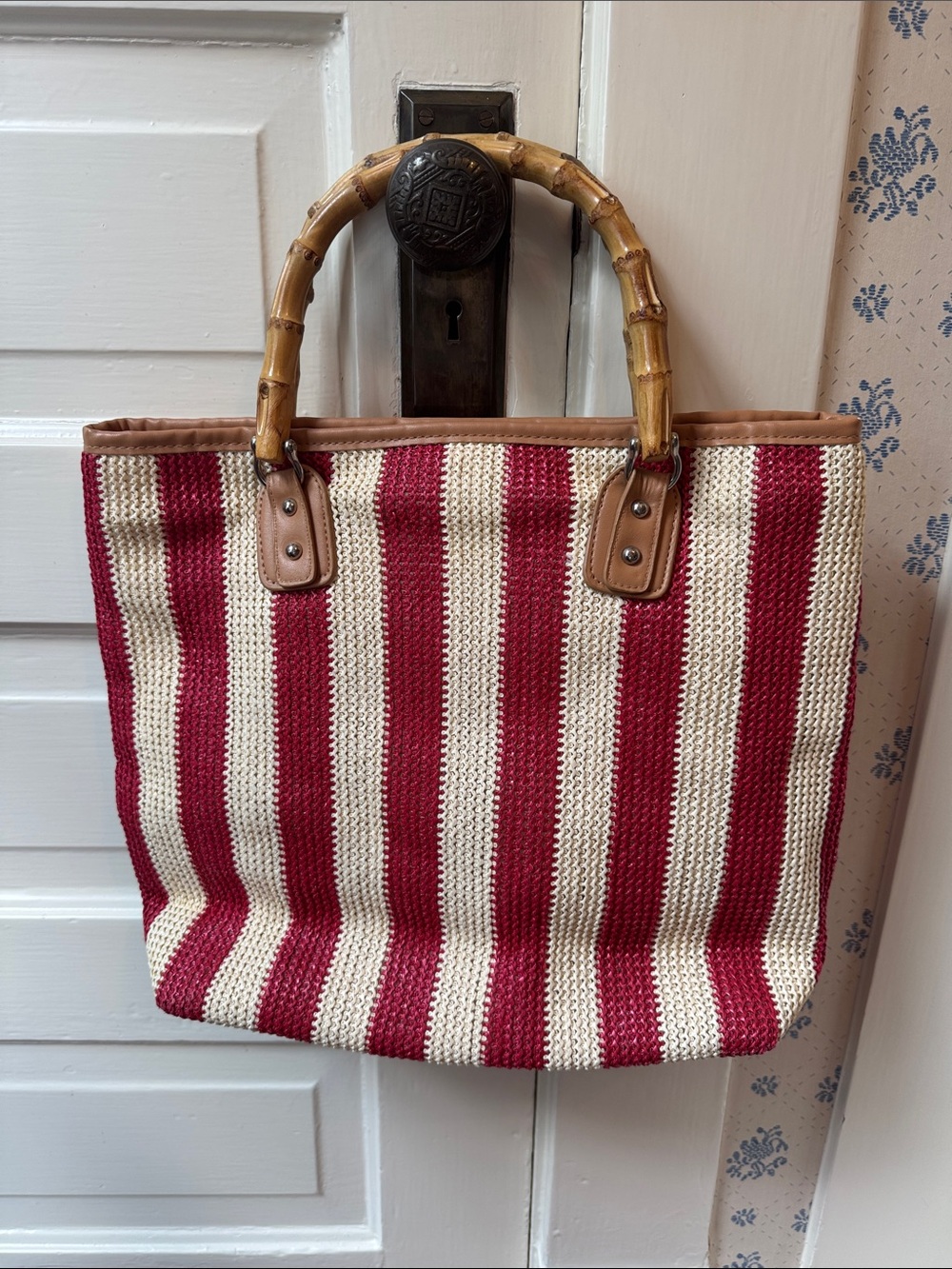 Striped Red and Cream Bamboo-Handle Tote Bag - Picture 2 of 7